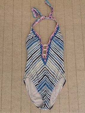 Lilly Pulitzer Striped Blue & White One-Piece Swimsuit with Pink Trim